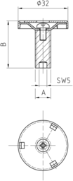 Schizzo Sockelhöhenversteller mit Innensechskant SW 5, montiert mit Kreuzschlitzschraube und schwarzer Kappe
