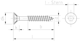Skizze JD-79 Spanplattenschrauben mit I-Stern Senkkopf A2 Teilgew. mit Fräsrippen