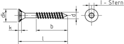 Skizze JD-79 Spanplattenschrauben mit I-Stern, Senkkopf, Teilgewinde und Fräsrippen