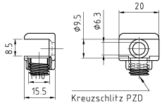 Esquisse Zamak-Glasbodenträger mit KS-Feststellschraube (Kreuzschlitz) und Loch (d=6,3 mm) zum Anschrauben