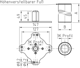 Schizzo DREIKA - Tischbein Höhenverstellung 3 cm, komplett mit Eckknoten zum Anschrauben und eingepresster KS-Buchse, inkl. Befestigungsmaterial