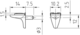 Esquisse Bodenträger Zamak mit einem Zapfen für 3 mm Lochreihe und Auflagepuffer für Glasböden