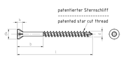 Skizze JD Plus Dielenschrauben Senkkopf mit Fräsrippen und I-Stern, gleitbeschichtet