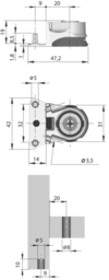 Schizzo Sockelhöhenversteller INTEGRATO Typ D, mit 2 Zapfen d=5 mm und 1 mittigen Loch d=4 mm für Plattenstärke 19 mm