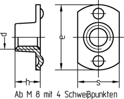 Skizze Anschweißmuttern mit durchgehendem Gewinde Schweißwarzen unten