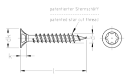 Skizze JD Plus Universalschrauben mit I-Stern, Senkkopf, Vollgewinde mit Frästaschen unter dem Kopf, gleitbeschichtet