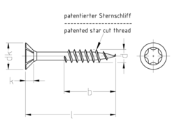 Skizze JD Plus Universalschrauben mit I-Stern, Senkkopf, Teilgewinde Fräsrippen unter dem Kopf A2
