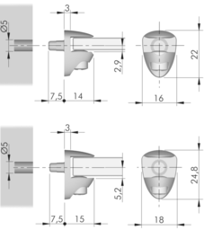 Esquisse Glasbodenträger Cobra mit Zapfen zum Einstecken und mit KS-Sicherungsschraube, für Glasböden
