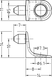 Esquisse Bodenträger Zamak mit einem Zapfen-D. 5 mm und einem Loch für Euroschrauben D-6,3 mm