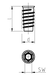 Skizze Zamak-Einschraubmuttern konisch mit Bund und Innensechskant